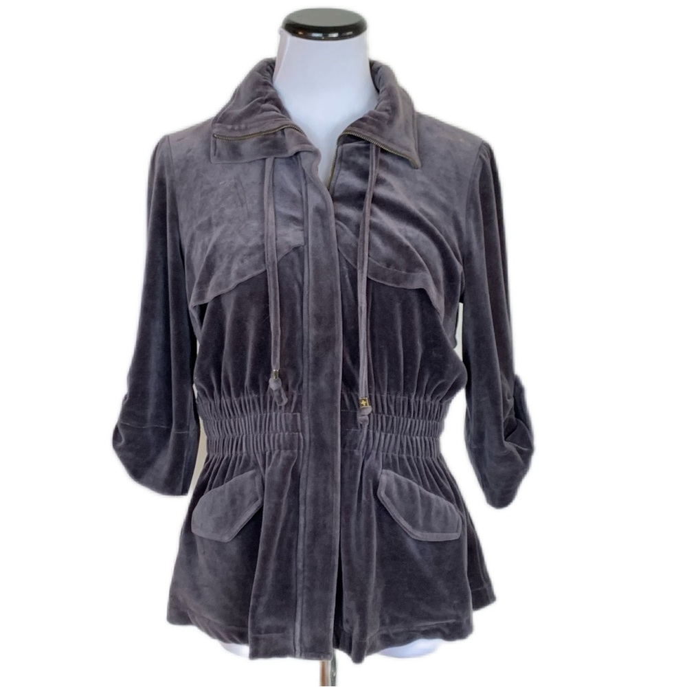 Adrienne Vittadini SZ M Gray Velour 1/2 Sleeve Zippered Jacket